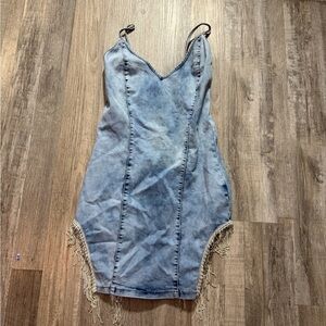 Trendy Denim Mini Dress with Rhinestone Fringe Trim, Zip Front, and Adju…